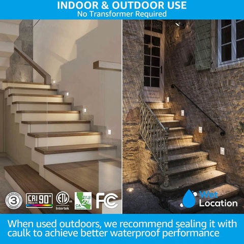 3CCT Dimmable LED Stair Lights for Indoor Outdoor Use 120-277V installed on modern indoor and stone outdoor steps