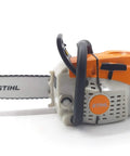 Battery Operated Chainsaw Keyring With Realistic Sound Effects, orange mini tool charm on white background.