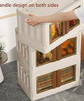 Hella Roomy 76 QT Storage Bins With Heavy Duty Snap Lid Covers, showing handles on collapsible crates stacked in a living room.