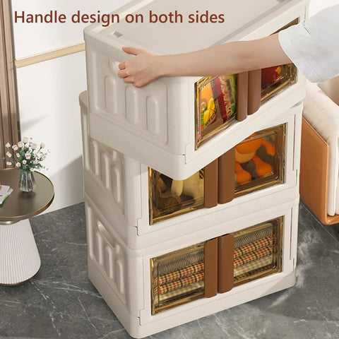 Hella Roomy 76 QT Storage Bins With Heavy Duty Snap Lid Covers, showing handles on collapsible crates stacked in a living room.