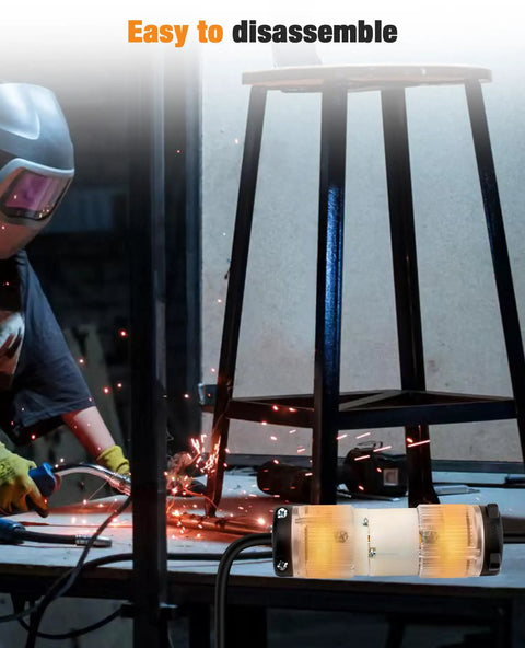 Lighted NEMA 5-15P To 5-15R Extension Cord Ends With Power Indicator in workshop, worker welding in background, 15 Amp 125 Volt