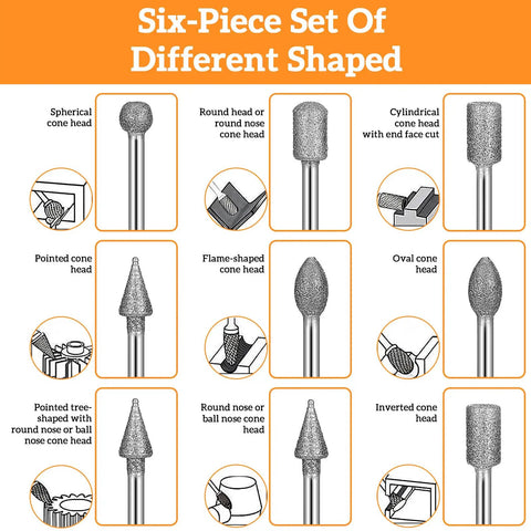 120 Grit Diamond Grinder Bits For Rotary Tools With One Eighth Inch Shank showing six shapes, including spherical and conical heads