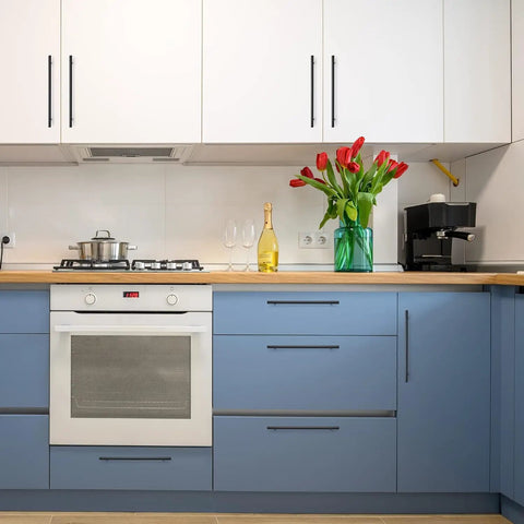 Modern kitchen with Matte Black Stainless Steel Cabinet Handles Set, 12-1/2 Inch Overall Length, 10 Inch Center-To-Center.