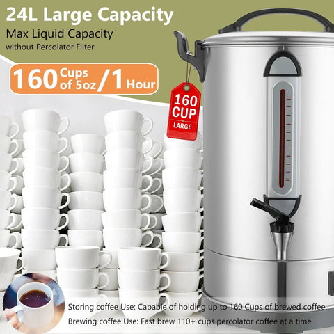 Heavy Duty 24L Stainless Steel Coffee Urn Dispenser Holds 160 Cups Dual Layer Warmer For Catering Church Restaurant Office