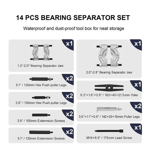 14 Piece Bearing Puller Set 5 Ton Power Handles Wheel Hub Axle Removal With 2 And 3 Inch Adjustable Jaws For Mechanics Storage Box Keeps Safe When Stripping Old Bearings From Cars Or Trucks Gets The Garage Crew Job Done In Short Order Now, 14 pcs steel puller parts with jaws, yoke, screws