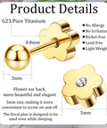 Titanium Flower Screw Back Ball Earrings For Sensitive Skin, Hypoallergenic 20g Gold Tone Ball Studs For Women, Cartilage Piercing 2 To 4mm, 3mm Diameter, All Day Comfort With Cute Shine.
