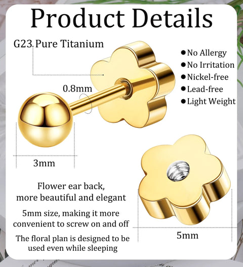 Titanium Flower Screw Back Ball Earrings For Sensitive Skin, Hypoallergenic 20g Gold Tone Ball Studs For Women, Cartilage Piercing 2 To 4mm, 3mm Diameter, All Day Comfort With Cute Shine.