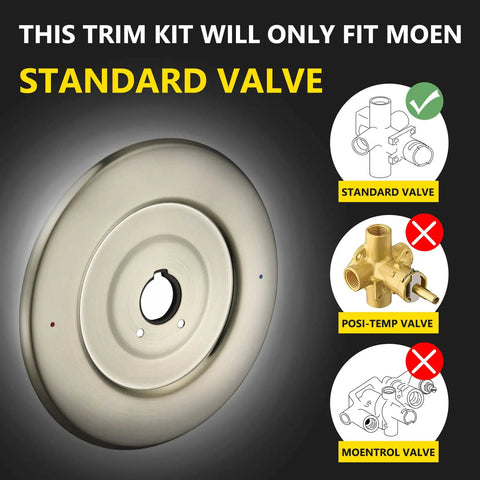Chateau One Handle Tub And Shower Escutcheon Replacement In Brushed Nickel Durable All Metal Plate showing compatibility with Moen standard valve