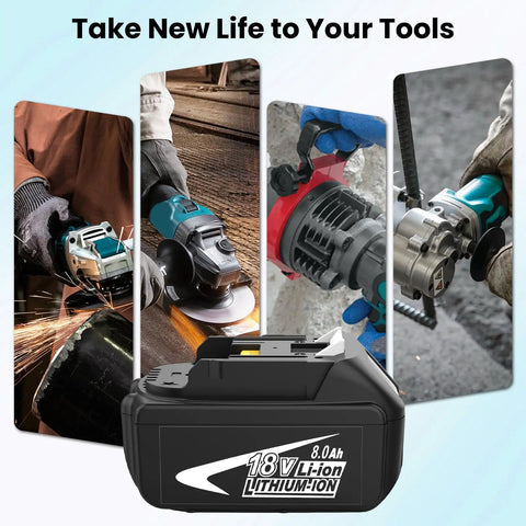 8000mAh Replacement Battery for Makita 18V Tools powering various tools - angle grinder, chainsaw, impact driver.