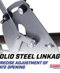 Close-up of steel linkage for Walk Behind Rock Salt And Ice Melt Spreader With 100 Pound Poly Hopper, precise gate adjustment shown.