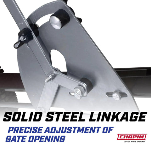 Close-up of steel linkage for Walk Behind Rock Salt And Ice Melt Spreader With 100 Pound Poly Hopper, precise gate adjustment shown.