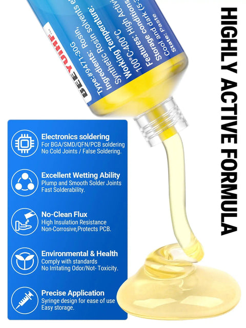 Rosin Paste Soldering Flux No Clean Rosin Solder Flux Paste in 30mL syringe pouring with product benefits listed