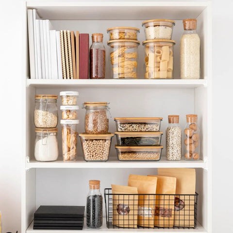 Heavy Duty Clear Shelf Support Pegs With Self Locking Grip For 5/16 Inch Holes And 19/32 Inch Thick Shelves Rock Solid 50 Pack in organized pantry.