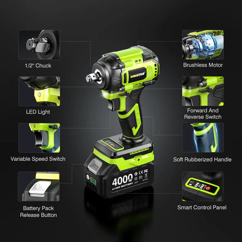 Cordless One Half Inch Impact Wrench With 800 N m Max Torque Brushless Motor 2800 RPM power tool showing features