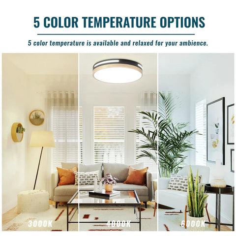 5 color temperature options of 4 Pack Black 12 Inch Flush Mount LED Ceiling Lights Dope Modern Round Design Energy Efficient 24W Output 120W Equivalent Low Profile Ceiling Fixture For Living Room Bedroom Hallway Kitchen Island