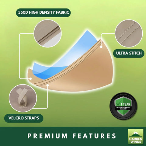 Graphic of Beefy 350 Denier Beige Replacement Canopy Top features like high density fabric, ultra stitch, velcro straps for Gardenline Swing.