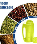 Adjustable Handheld Seed Shaker And Spreader with various seed sizes for lawn care, shown next to yellow container, durable plastic construction