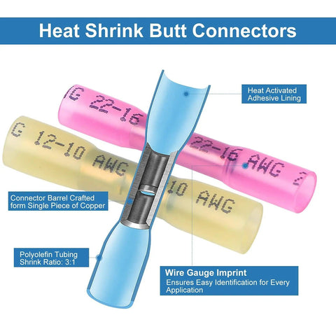 540 Piece Heat Shrink Wire Connectors Kit Pro Grade Waterproof Marine Grade Crimp Connectors close-up with labeled parts