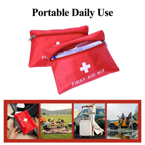Image of Red 12 Pack Empty First Aid Pouches for Travel and Outdoor Use with visible waterproof zipper and first aid kit label.