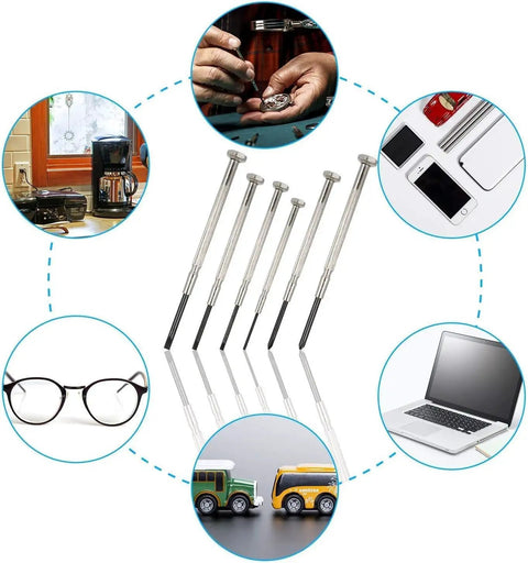Grab And Go Compact Six Piece Mini Screwdriver Set For Watches Glasses And Jewelry Repairs With PH0 And PH1 Phillips Bits