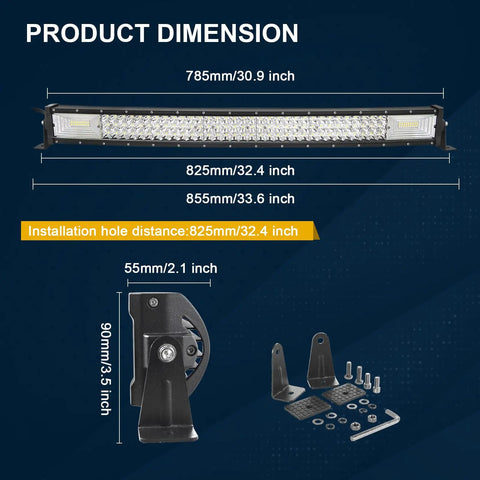 32 Inch Curved Led Light Bar With Magnetic Bracket Holder 12V Wiring Harness Kit 405W Triple Row Flood Spot Beam Driving Work Lamp For Jeep Off Road Truck SUV 4x4 Trailer 6000K Beefy Lighting