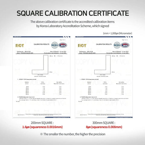 Calibration certificate for Pro Grade Precision Square Ruler for marking in carpentry, 4 inch aluminum frame tool.