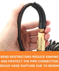 Close-up of Reinforced Polyurethane Recoil Air Hose With Bend Restrictor One Quarter Inch By Ten Feet Black Lightweight