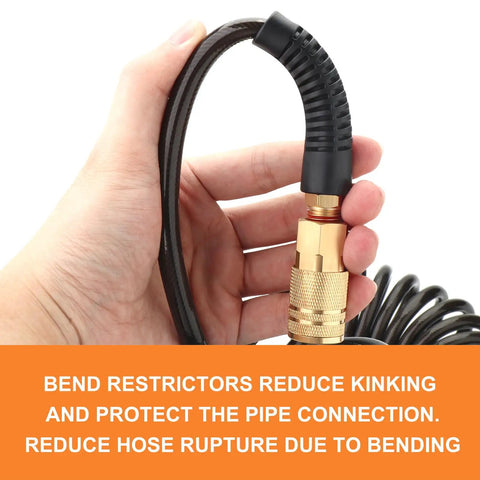 Close-up of Reinforced Polyurethane Recoil Air Hose With Bend Restrictor One Quarter Inch By Ten Feet Black Lightweight