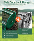 Side view of Heavy Duty Workhorse 24 Inch Compost Spreader With Push And Tow Handle Five Height Adjustable Powder Coated Steel Garden Spreader with side door lock design.