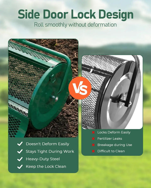 Side view of Heavy Duty Workhorse 24 Inch Compost Spreader With Push And Tow Handle Five Height Adjustable Powder Coated Steel Garden Spreader with side door lock design.