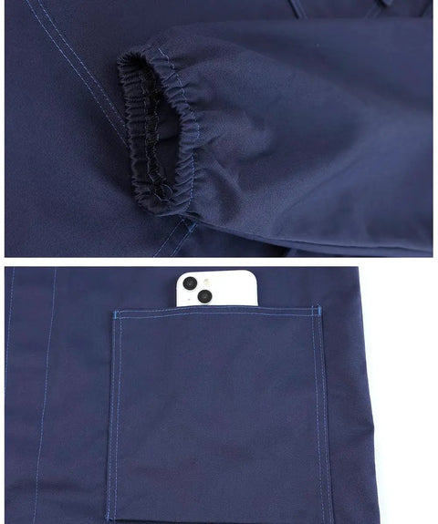 Sleeve and pocket detail of Mens Lab Coat For DIY Workshop Long Jacket With Durable Twill Concealed Button Front Side Vents Size L