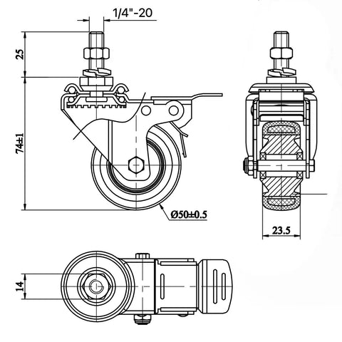 Technical drawing of Heavy Duty Workhorse 2 Inch Threaded Swivel Casters With Brakes Set Of 4 For Wire Shelving Units One Quarter Twenty Thread Polyurethane Wheels