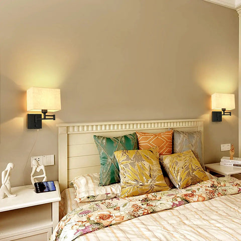 Bedroom with Cozy 9.5 Inch Wall Lamp With USB Port Dimmer Swing Arm Plug In Cord Beige Fabric Shade Ideal For Bedroom Living Room Office Hallway Warm Glow And Modern Convenience illuminating a headboard.