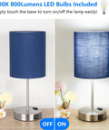Blue Touch Control Desk Lamp With 3 Way Dimmable Brightness USB Ports And AC Outlet Bedside Nightstand Lamp For Your Cozy Living Room Bedroom Office Reading And Work Lighting 60W LED Bulb Included, shown in off and on states.