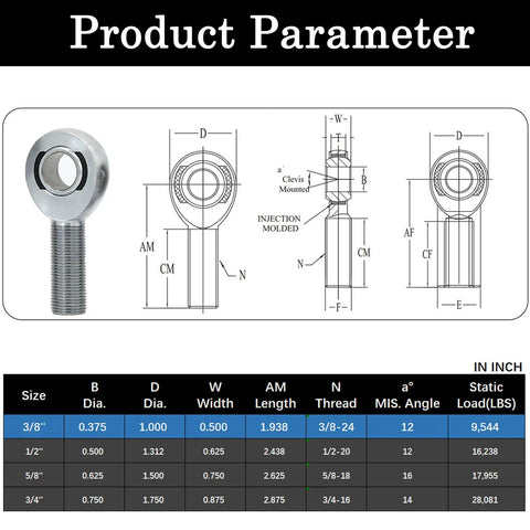 Diagram and specs for 3/8 Inch Heim Joint Rod End Kit With Jam Nut And Bung Chromoly Panhard Kit Right And Left Hand Thread