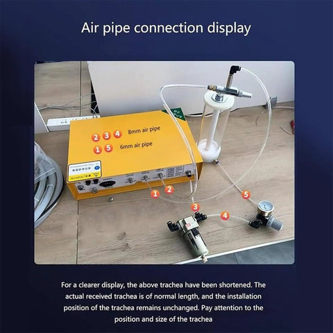 Air pipe connection display for Digital Display Electrostatic Powder Spray Kit Featuring Foot Switch Gun And Adjustable Voltage For Automotive Primer And Paint Straight Up Reliable Pro Shop Coating Setup.