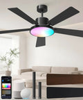 Boost Your Room Chill Level With This 52 Inch Smart Ceiling Fan featuring dimmable LED lights and black trim in a modern living space.