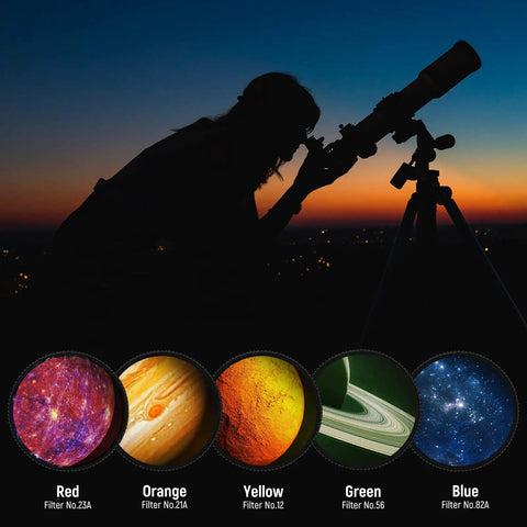 Silhouette of astronomer with telescope at sunset showing 10 Pack 1.25 Inch Telescope Eyepiece Filter Set with color filters.