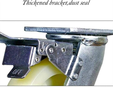 Close-up of heavy duty swivel caster wheels with thickened bracket and dust seal for durability, part of the set holding 800 kg capacity.