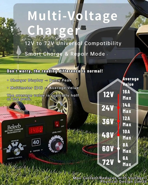 Tough As Nails Smart Battery Charger 12V To 72V Plug And Play connected to an electric vehicle on grass.