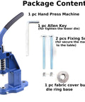 Beefy Heavy Duty Hand Press Tool For Setting Rivets Eyelets Snaps And Buttons Plus Hole Puncher Portable Durable Crafting Machine for garment leather DIY projects package content with Allen key, fixing screws, and fabric cover button die ring base.