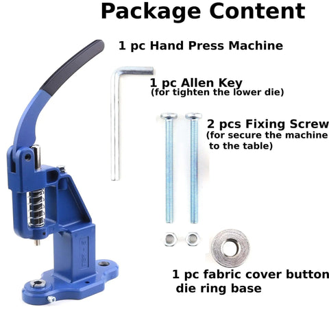 Beefy Heavy Duty Hand Press Tool For Setting Rivets Eyelets Snaps And Buttons Plus Hole Puncher Portable Durable Crafting Machine for garment leather DIY projects package content with Allen key, fixing screws, and fabric cover button die ring base.