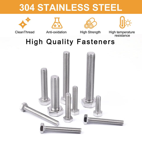 Assorted stainless steel hex bolts with nuts, 190-piece kit in 9 sizes