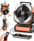 Camping Fan With Light 20000mAh Battery With USB Charging, remote control, digital display, and hanging hook visible