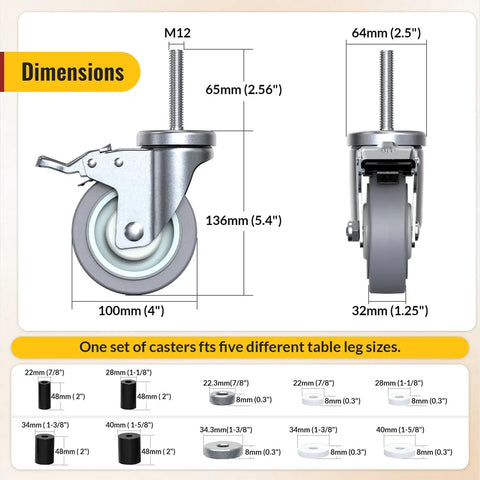 Dimensions of Locking Swivel Caster Wheels 4 Inch Set of 4 Heavy Duty Pro Grade Expanding Stem Casters for table legs and furniture