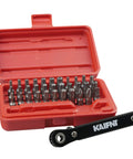 Torx Bit Set With Mini Ratchet Wrench 1/4 Inch Drive 34-Piece Kit For Security Torx Screws in red case with chrome vanadium bits