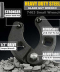 Adjustable Gland Nut Wrench For Hydraulic Cylinders Handy Spanner Wrench For Farm And Construction Equipment Two Slot Claw Fits Gland Nuts From One To Three And Three Quarters Inch Pin Hole Sizes One Quarter And Seven Thirty Seconds displayed on rocks with labels for features.