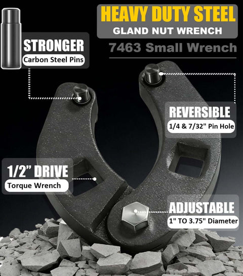 Adjustable Gland Nut Wrench For Hydraulic Cylinders Handy Spanner Wrench For Farm And Construction Equipment Two Slot Claw Fits Gland Nuts From One To Three And Three Quarters Inch Pin Hole Sizes One Quarter And Seven Thirty Seconds displayed on rocks with labels for features.