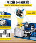 Built Tough 7 X 12 Inch Mini Metal Lathe Benchtop Machining Station with 550W copper motor and 3-jaw chuck for precision work.