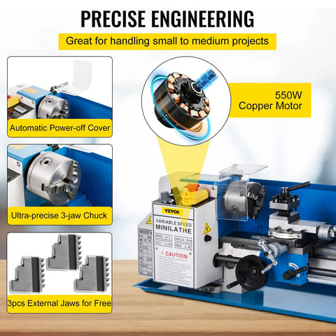 Built Tough 7 X 12 Inch Mini Metal Lathe Benchtop Machining Station with 550W copper motor and 3-jaw chuck for precision work.